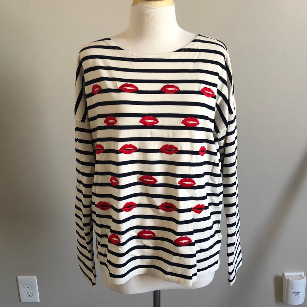 J.crew blue white stripe embroidered kiss shirt m - Picture 1 of 4